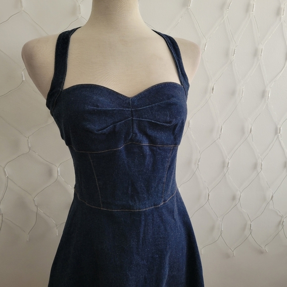 Deep Blue Halter Dress • Zip Up Back • A-Line • Ties At Neck - Picture 2 of 8